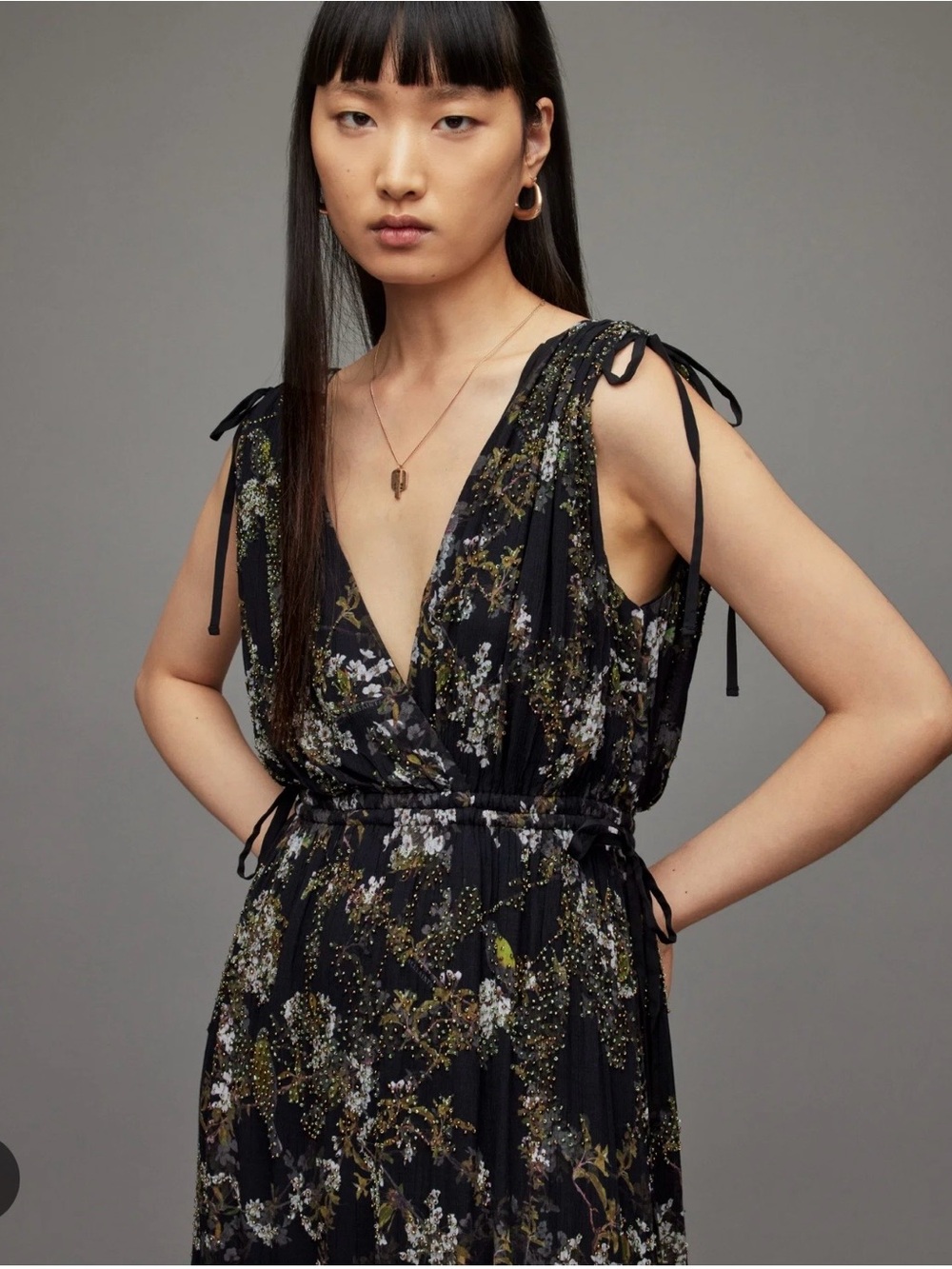 AllSaints Black Floral Midi Dress with Tie Shoulders - Picture 2 of 4